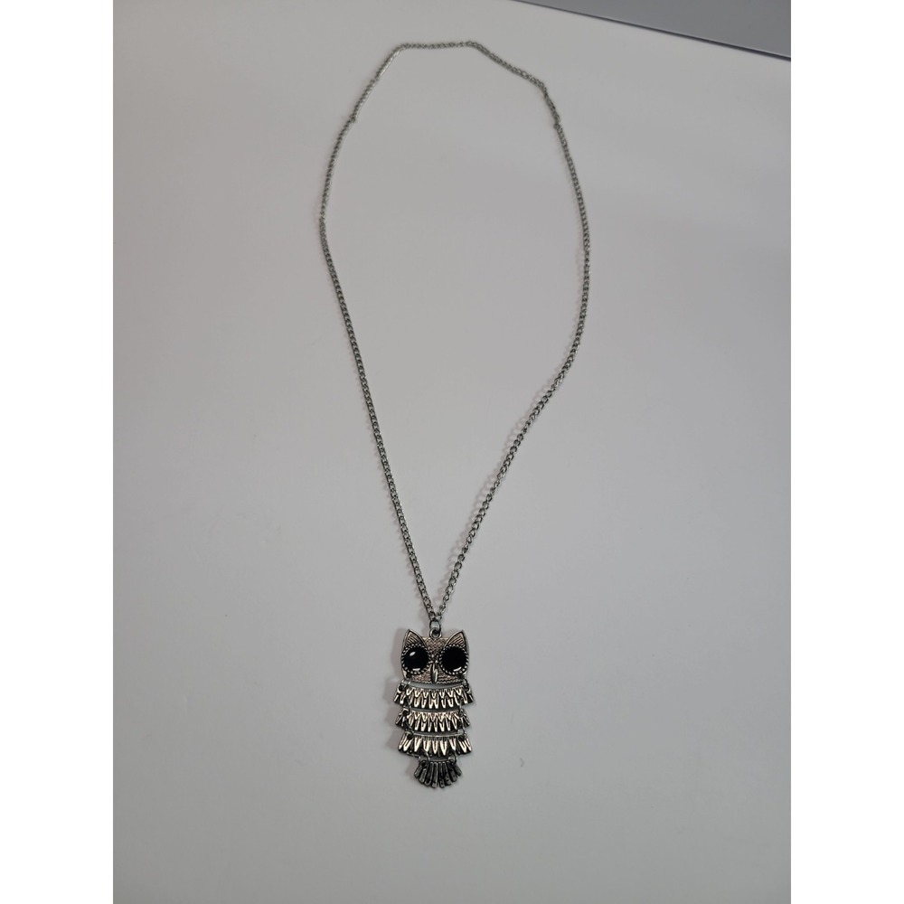 Silver Tone Articulated Owl Pendant Necklace Black Eyes Boho Statement Jewelry - Picture 6 of 9